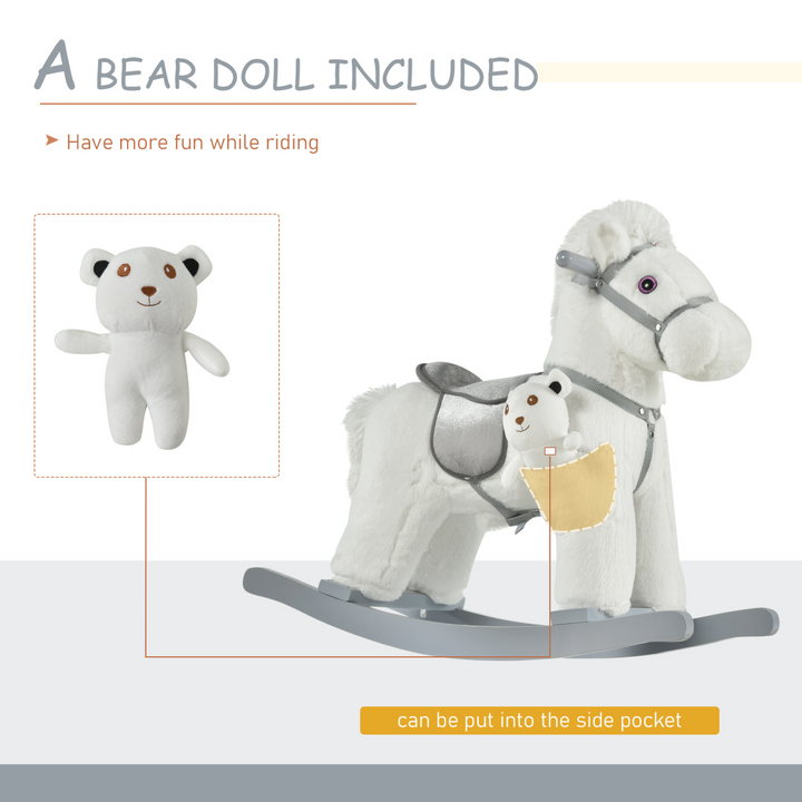 HOMCOM Kids Plush Rocking Horse with Sounds & Teddy – White