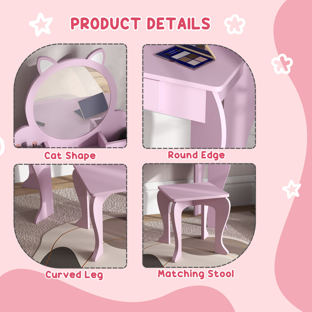 ZONEKIZ Kids Dressing Table & Stool – Pink Cat Vanity Set