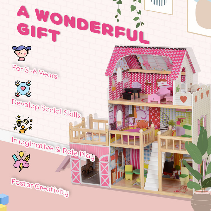 AIYAPLAY 3-Level Dolls House Play Set with 13 Wooden Furniture Pieces – Pink