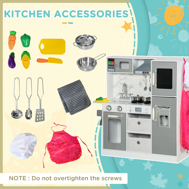 AIYAPLAY Toy Kitchen with Lights, Sounds, Ice Maker & Chef Set – White