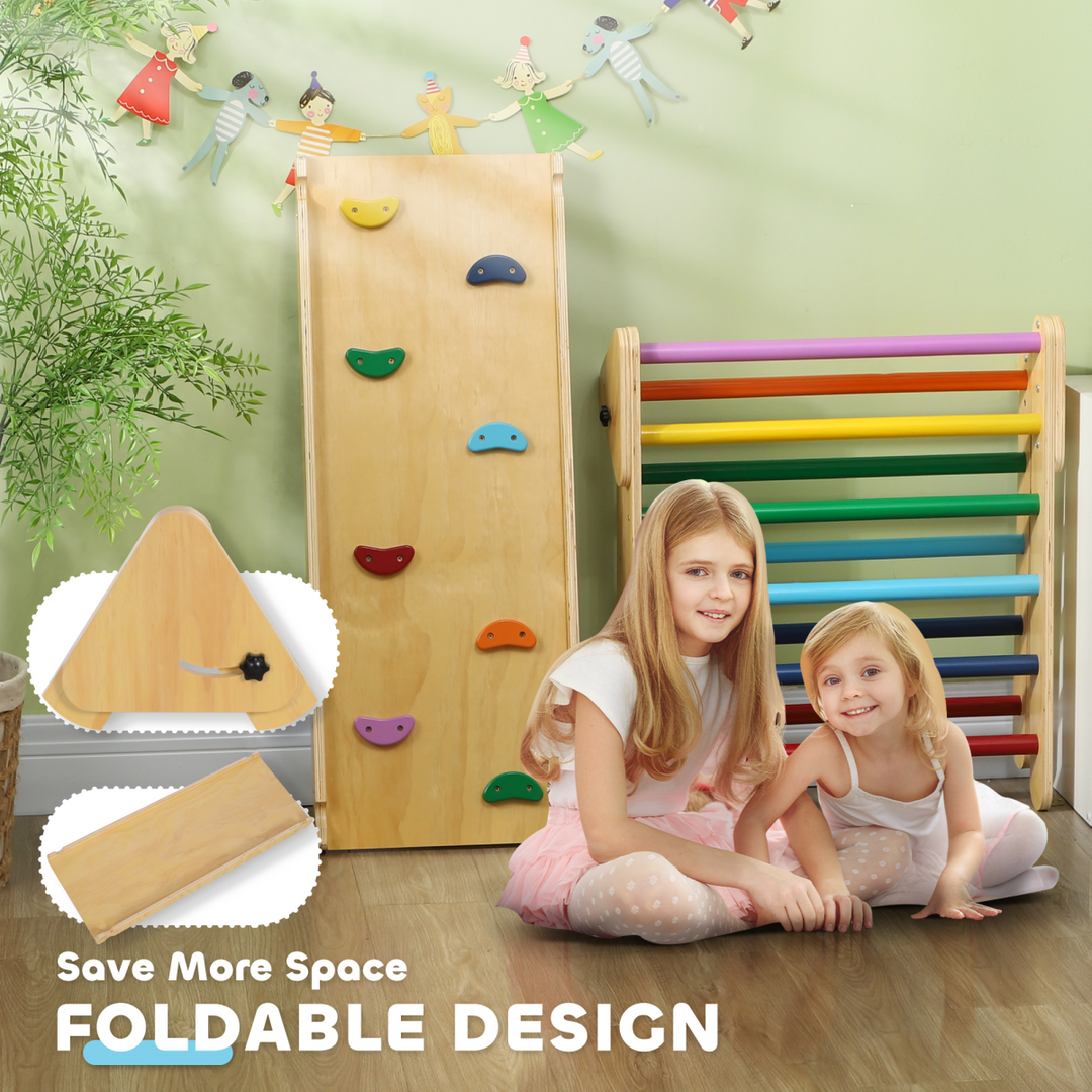 AIYAPLAY Toddler Climbing Frame – 3-in-1 Wooden Pikler Triangle with Ramp – Multicolour