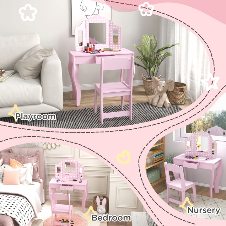 AIYAPLAY Kids Dressing Table & Stool – Pink Tri-Fold Mirror Vanity Set