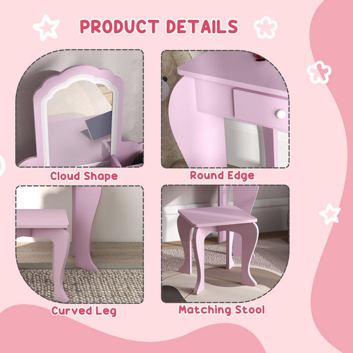 ZONEKIZ Kids Dressing Table & Stool – Pink Cloud Vanity Set