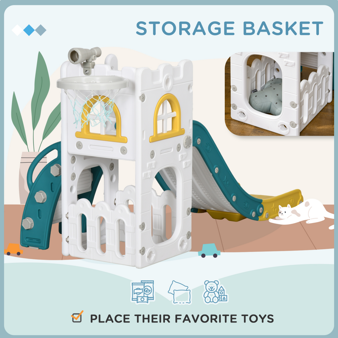 AIYAPLAY 4-in-1 Toddler Slide with Hoop, Telescope & Storage – Yellow