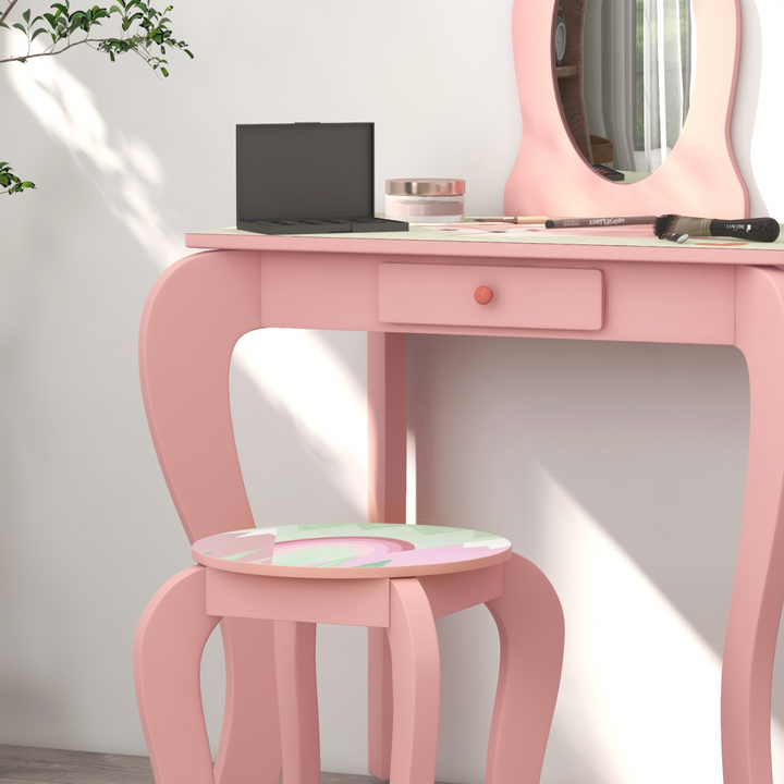 ZONEKIZ Kids Dressing Table & Stool – Pink Animal Vanity Set