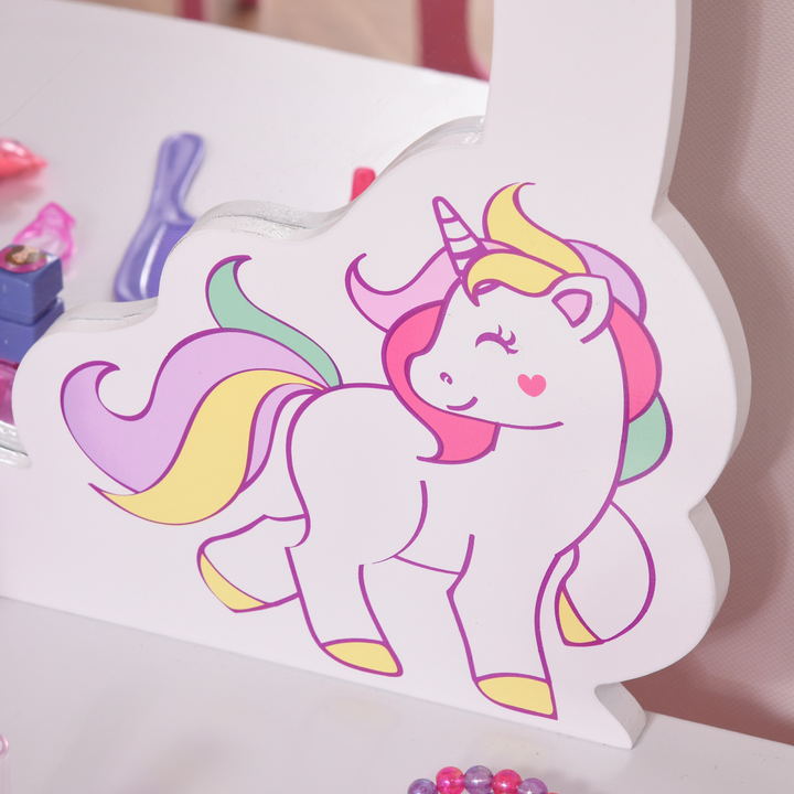 HOMCOM Kids Unicorn Dressing Table & Stool – Pink Vanity Set