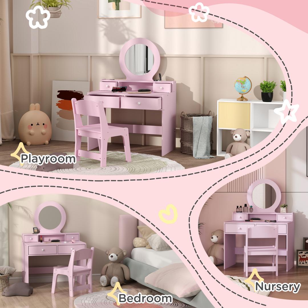AIYAPLAY Kids Dressing Table & Stool – Pink Oval Mirror Vanity Set