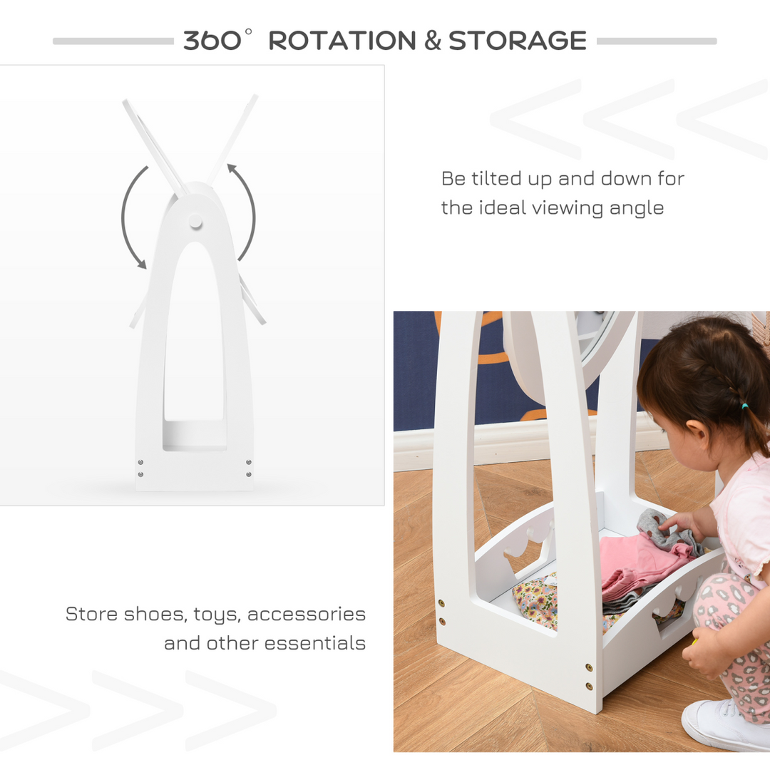 HOMCOM Kids 360° Rotating Full-Length Mirror with Shelf – White | Ages 3–8