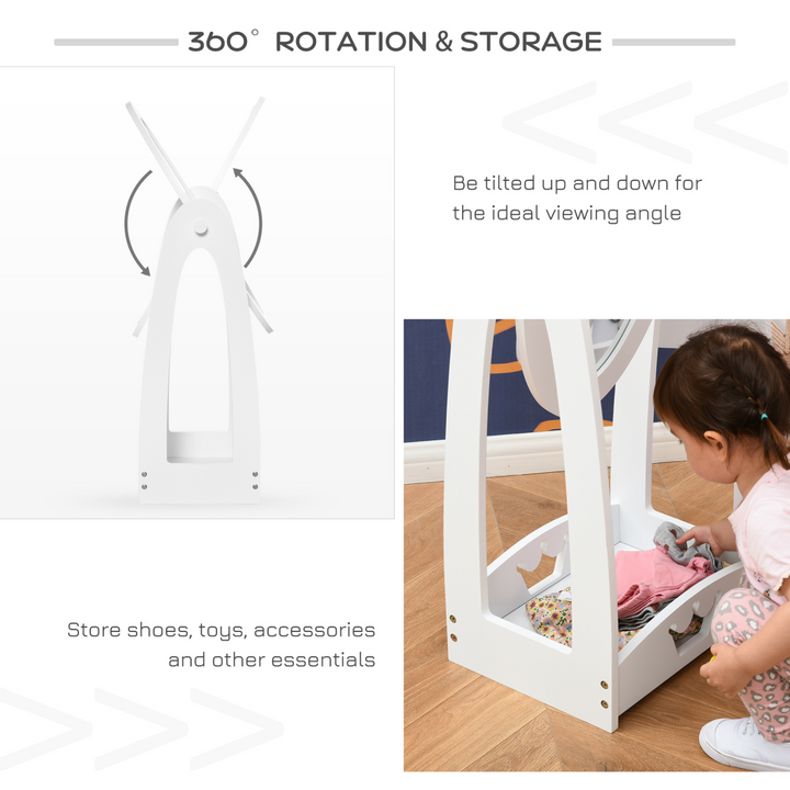 HOMCOM Kids 360° Rotating Full-Length Mirror with Shelf – White | Ages 3–8