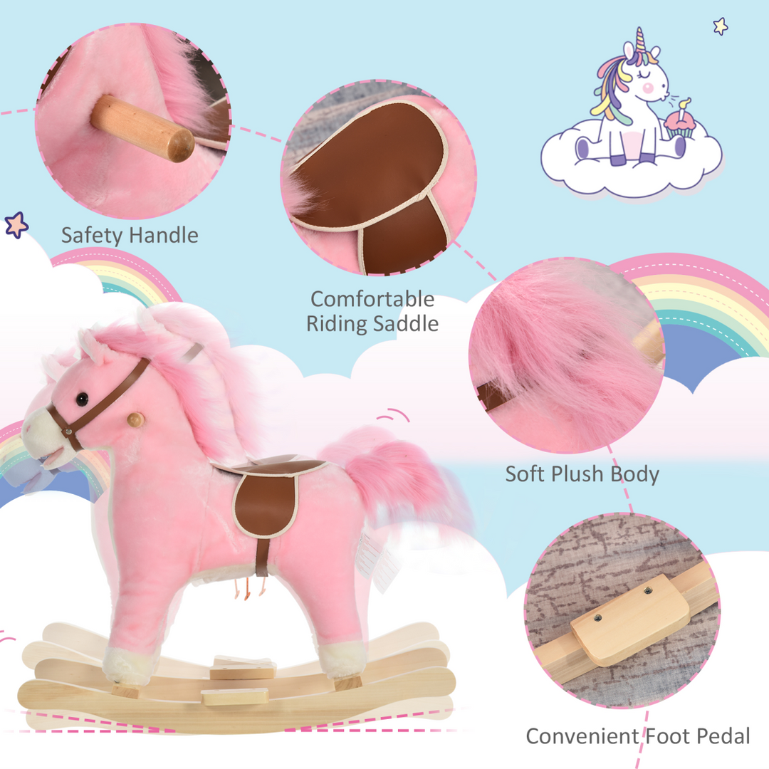 HOMCOM Kids Plush Rocking Horse with Sounds – Pink