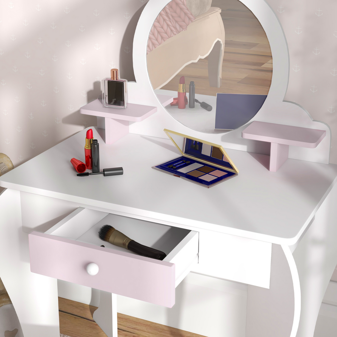 ZONEKIZ Kids Dressing Table & Stool – White & Pink Bunny Vanity Set