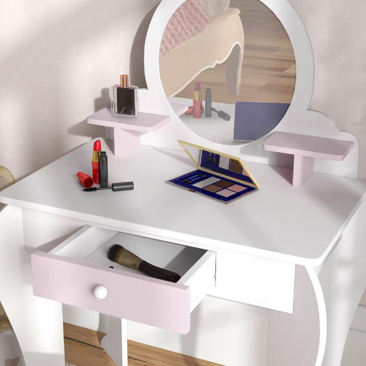 ZONEKIZ Kids Dressing Table & Stool – White & Pink Bunny Vanity Set