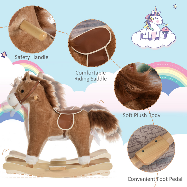 HOMCOM Kids Plush Rocking Horse with Sounds – Brown
