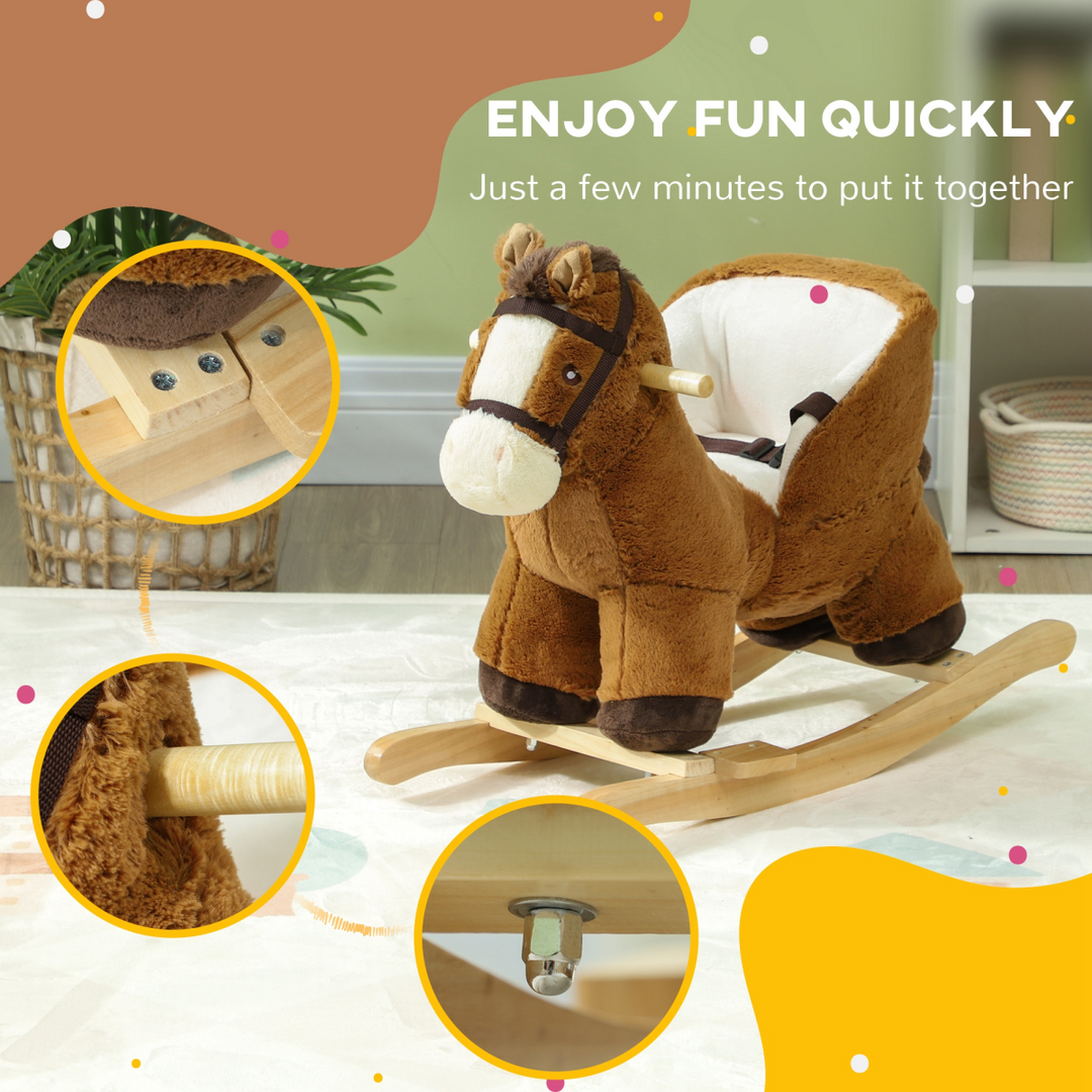 AIYAPLAY Brown Rocking Horse with Sounds & Safety Belt – 18–36M