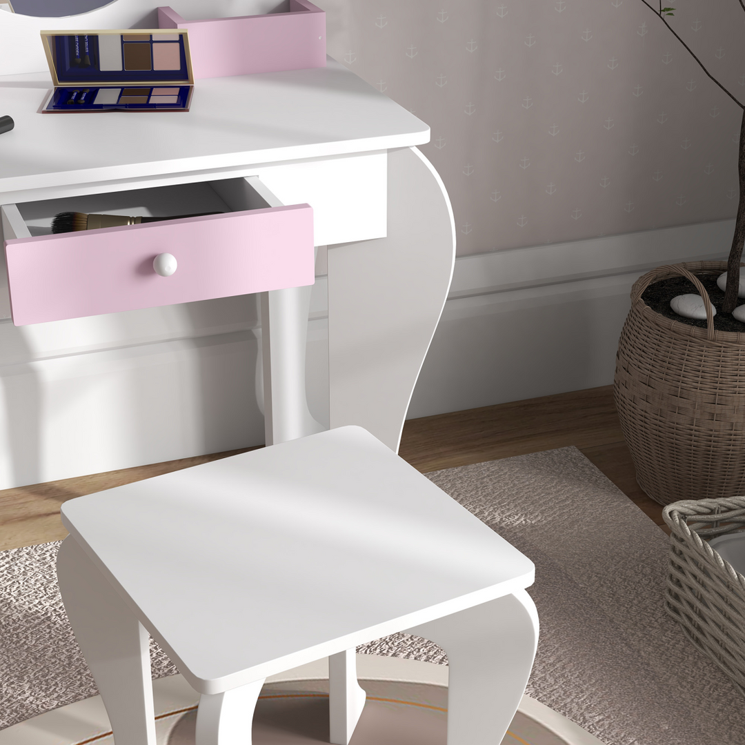 ZONEKIZ Kids Unicorn Dressing Table & Stool – White & Pink Vanity Set