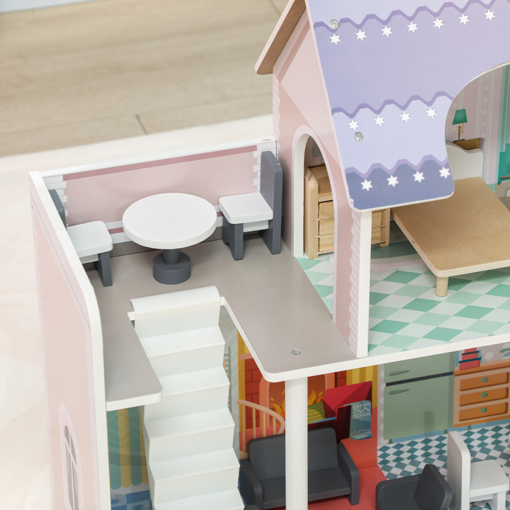 AIYAPLAY 2-Level Dolls House with Balcony &amp; 13 Furniture Pieces – Multicoloured