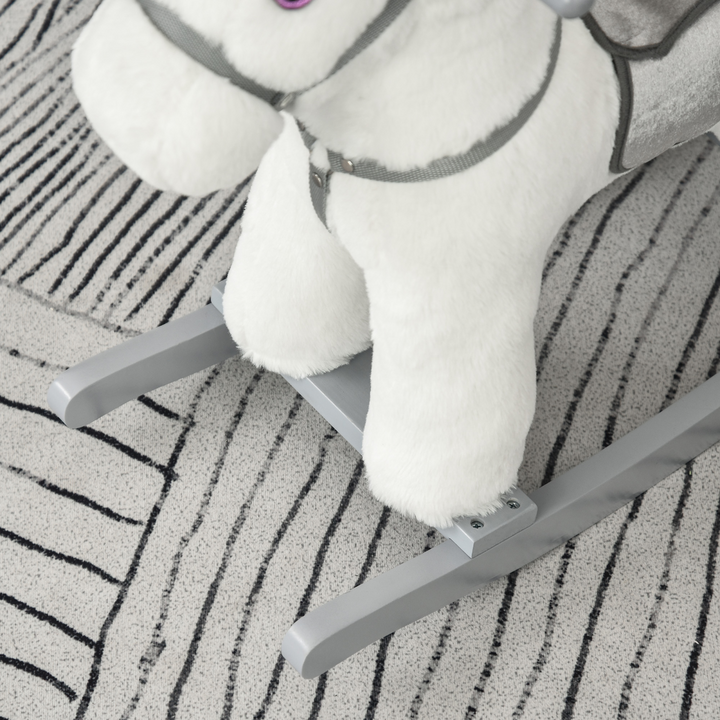 HOMCOM Kids Plush Rocking Horse with Sounds & Teddy – White