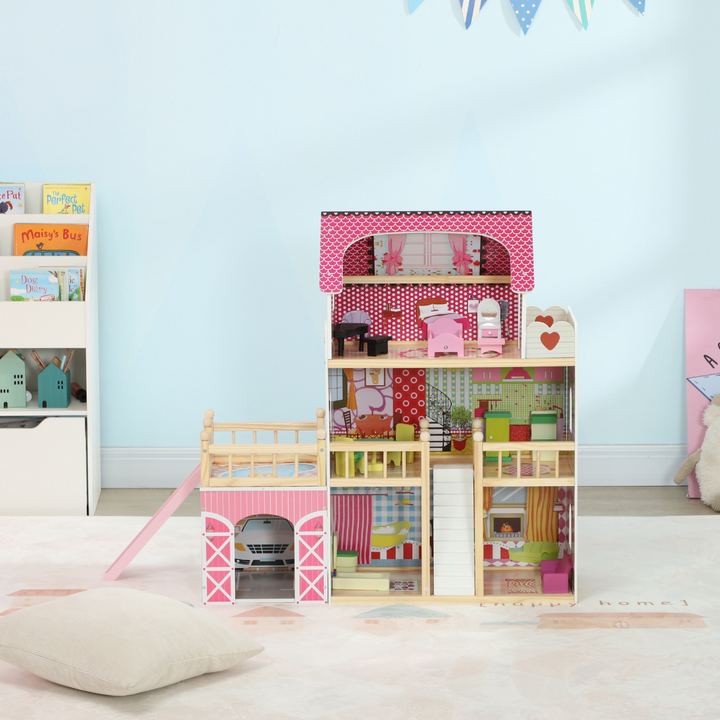 AIYAPLAY 3-Level Dolls House Play Set with 13 Wooden Furniture Pieces – Pink
