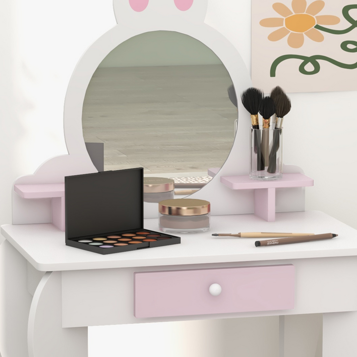 ZONEKIZ Kids Dressing Table & Stool – White & Pink Bunny Vanity Set