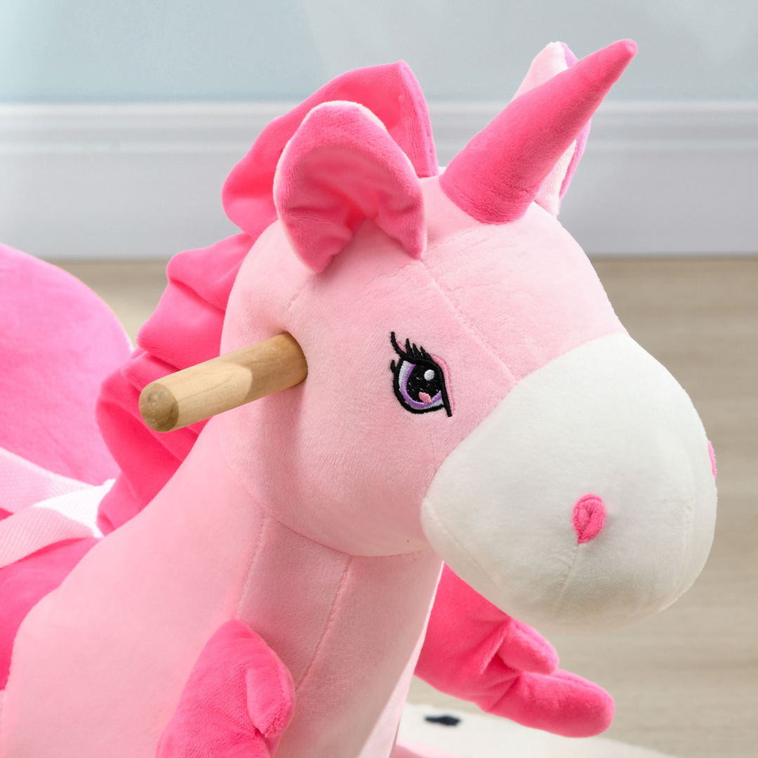 HOMCOM Kids Rocking Unicorn – Pink Plush Ride-On with Music