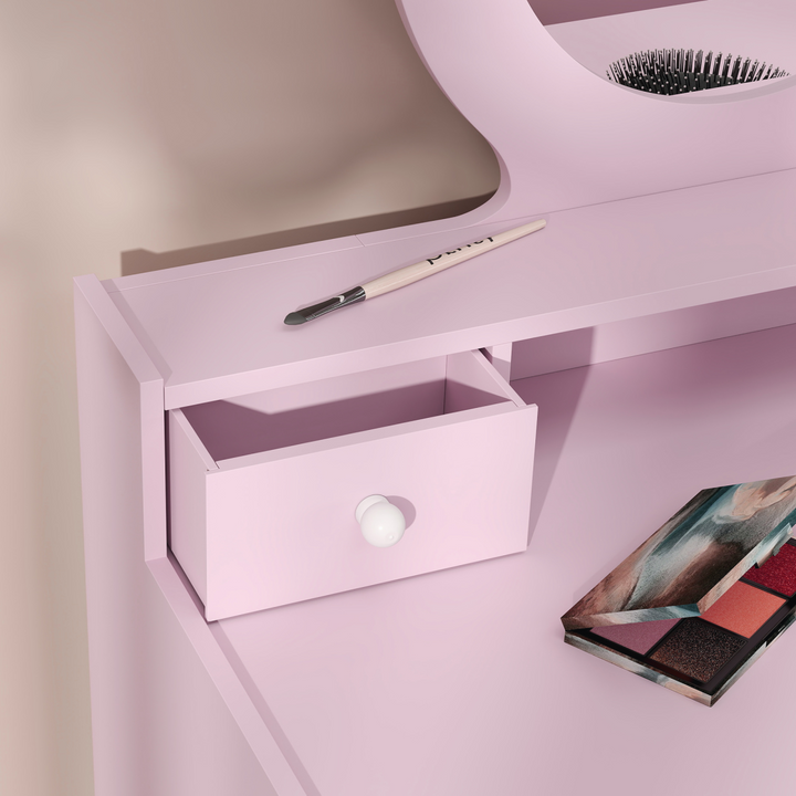 AIYAPLAY Kids Dressing Table & Stool – Pink Oval Mirror Vanity Set