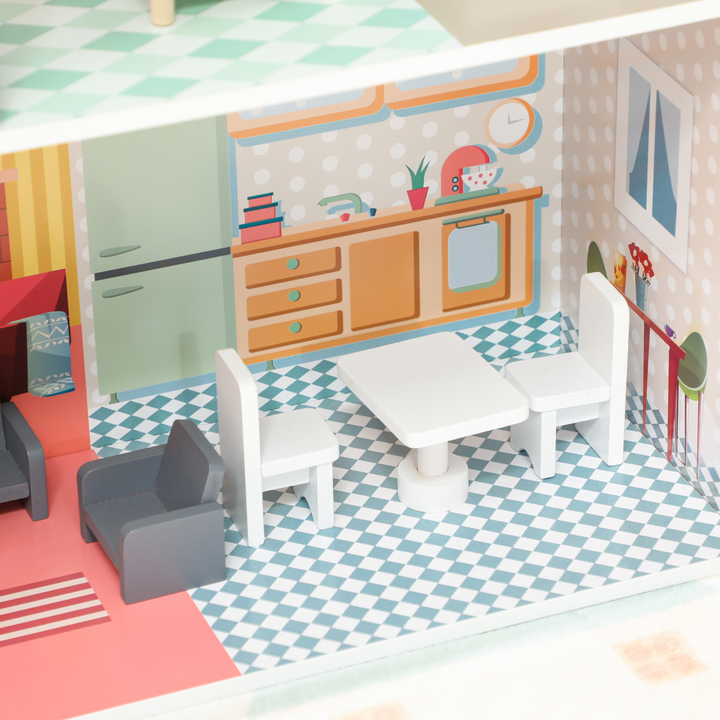 AIYAPLAY 2-Level Dolls House with Balcony &amp; 13 Furniture Pieces – Multicoloured