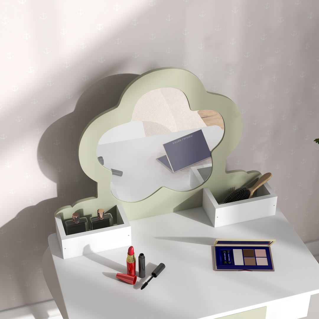ZONEKIZ Kids Dressing Table & Stool – White Flower Vanity Set