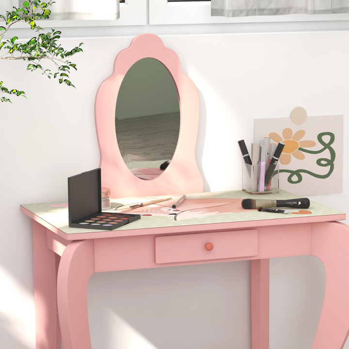 ZONEKIZ Kids Dressing Table & Stool – Pink Animal Vanity Set