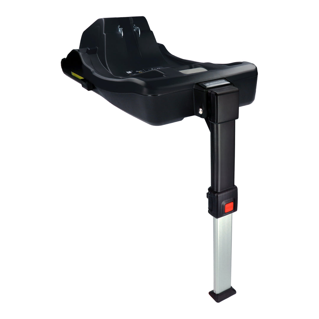 Black car seat base with adjustable stand on a white background