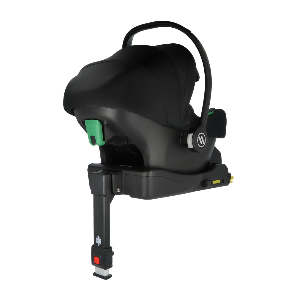 Black baby car seat with green accents on a white background