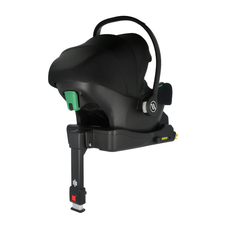 Black baby car seat with green accents on a white background