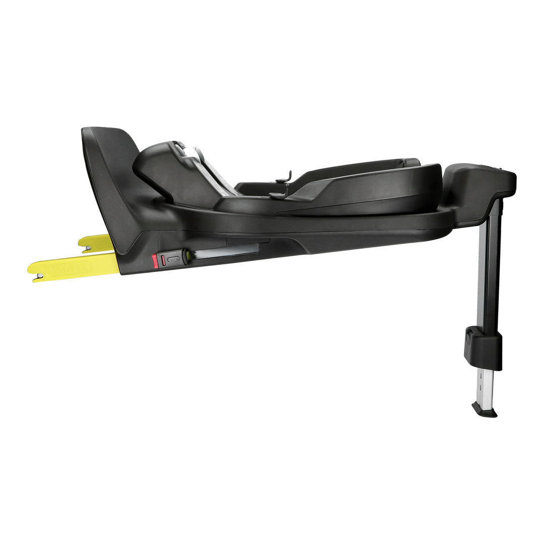 Black car seat base with yellow lever on a white background