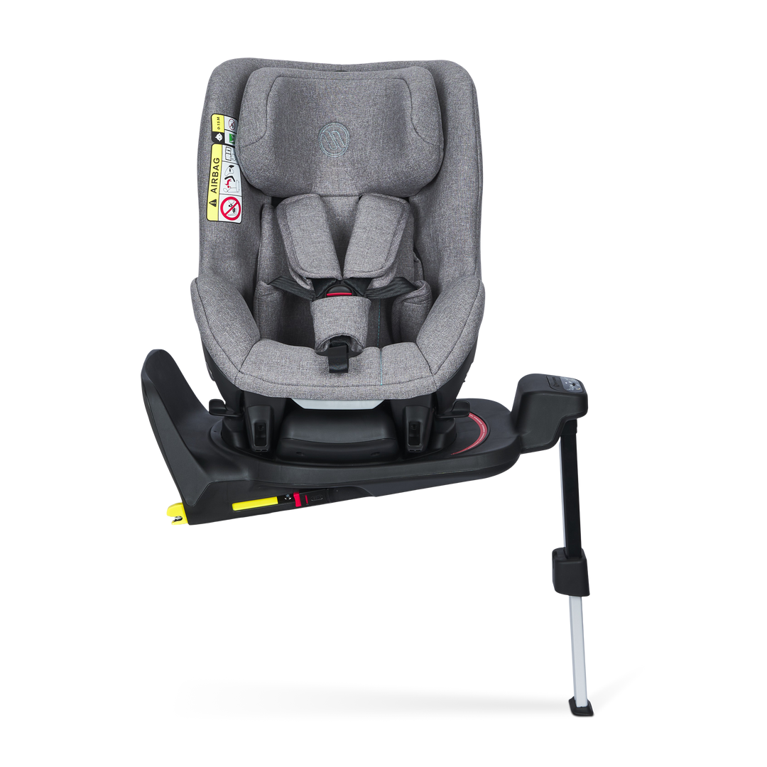 Grey car seat with black base on a white background