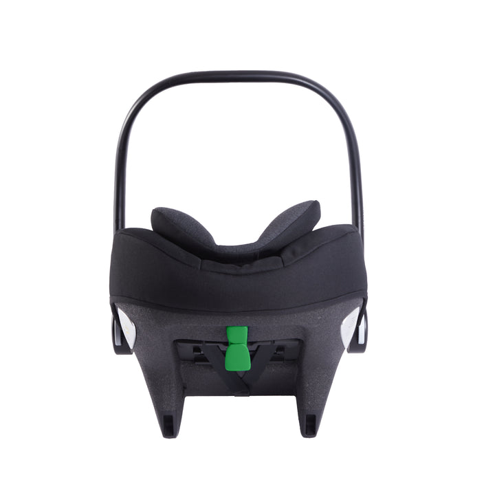 Black baby car seat with a green strap on a white background