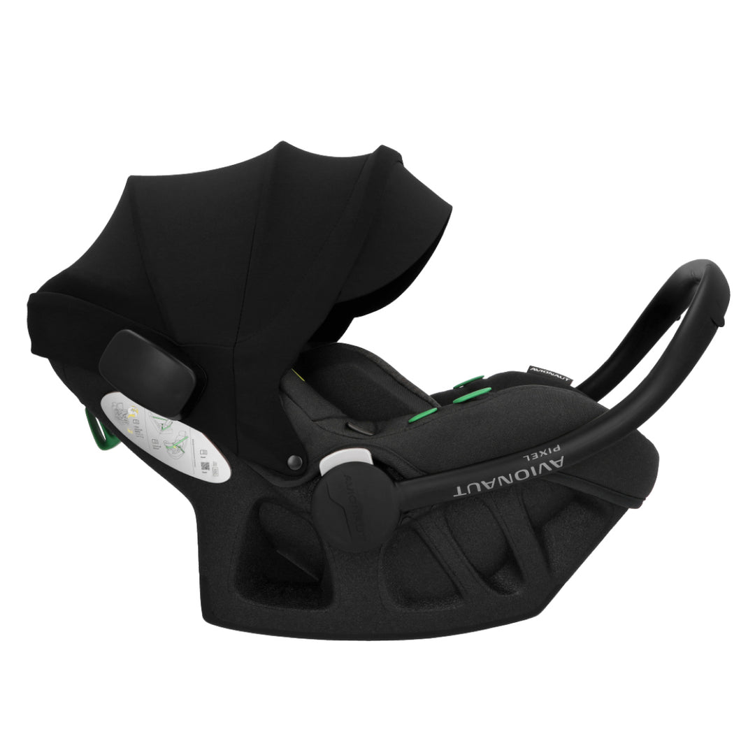 Black baby car seat with canopy on a white background
