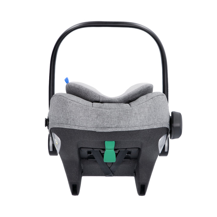 Gray and black baby car seat with green buckle on a white background