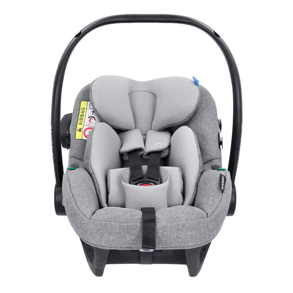 Gray baby car seat with black frame on a white background
