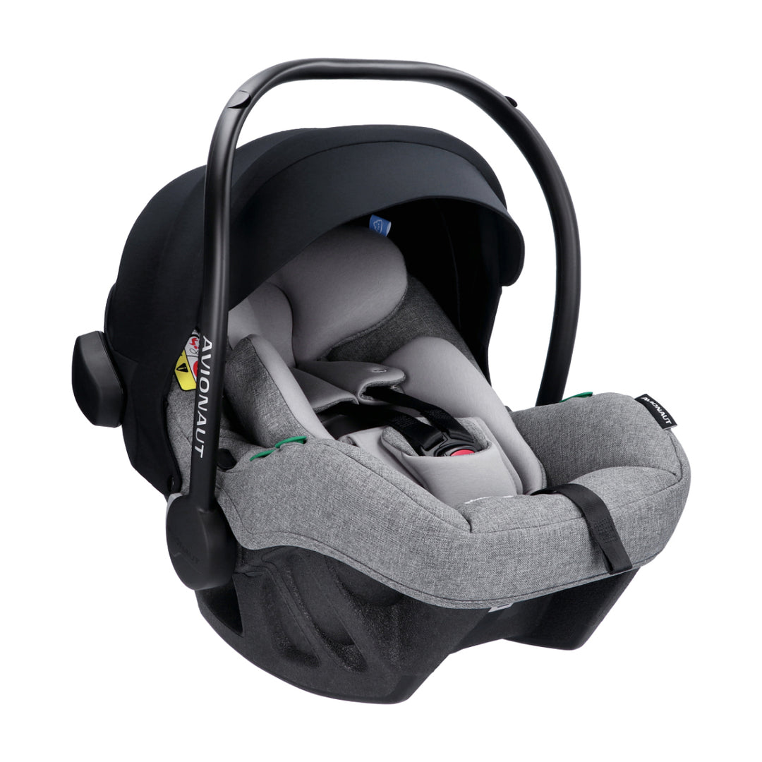 Gray baby car seat with black frame on a white background