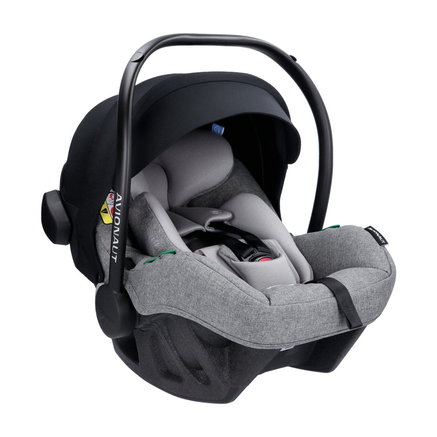 Gray baby car seat with black frame on a white background