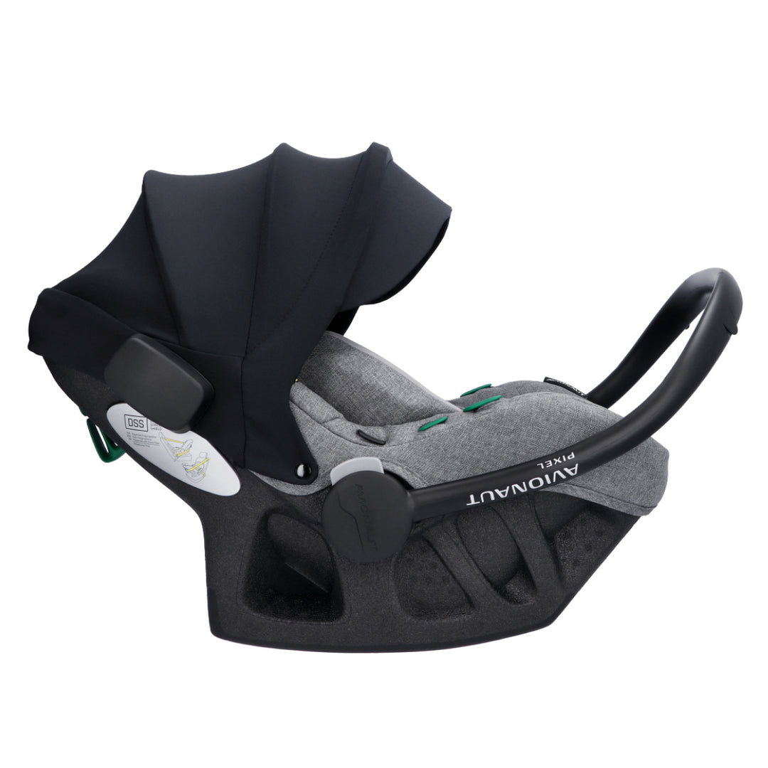Baby car seat with black canopy and gray body on a white background