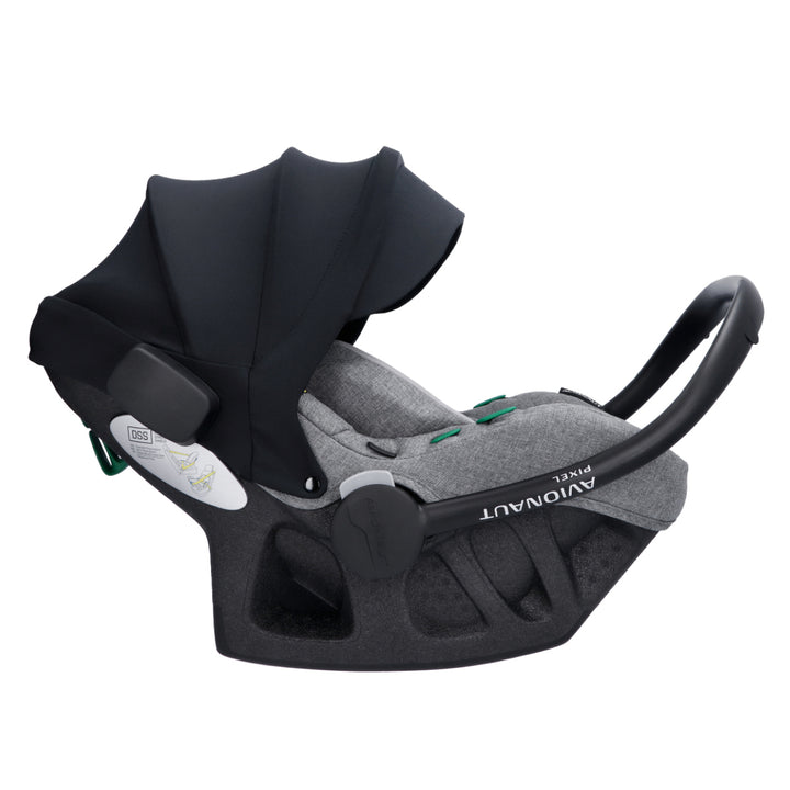 Baby car seat with black canopy and gray body on a white background
