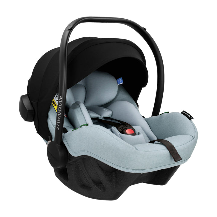 Baby car seat with black frame and light blue seat on a white background