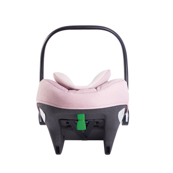 Baby car seat with pink cushion and black frame on a white background