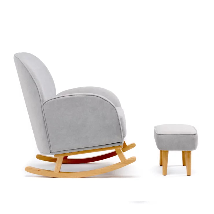 Grey rocking chair with wooden legs and matching ottoman on a white background