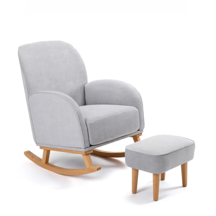 Grey rocking chair with wooden legs and matching ottoman on a white background