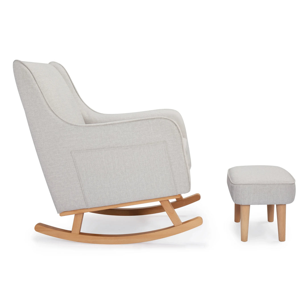 Cashmere rocking chair with wooden legs and matching ottoman on a white background