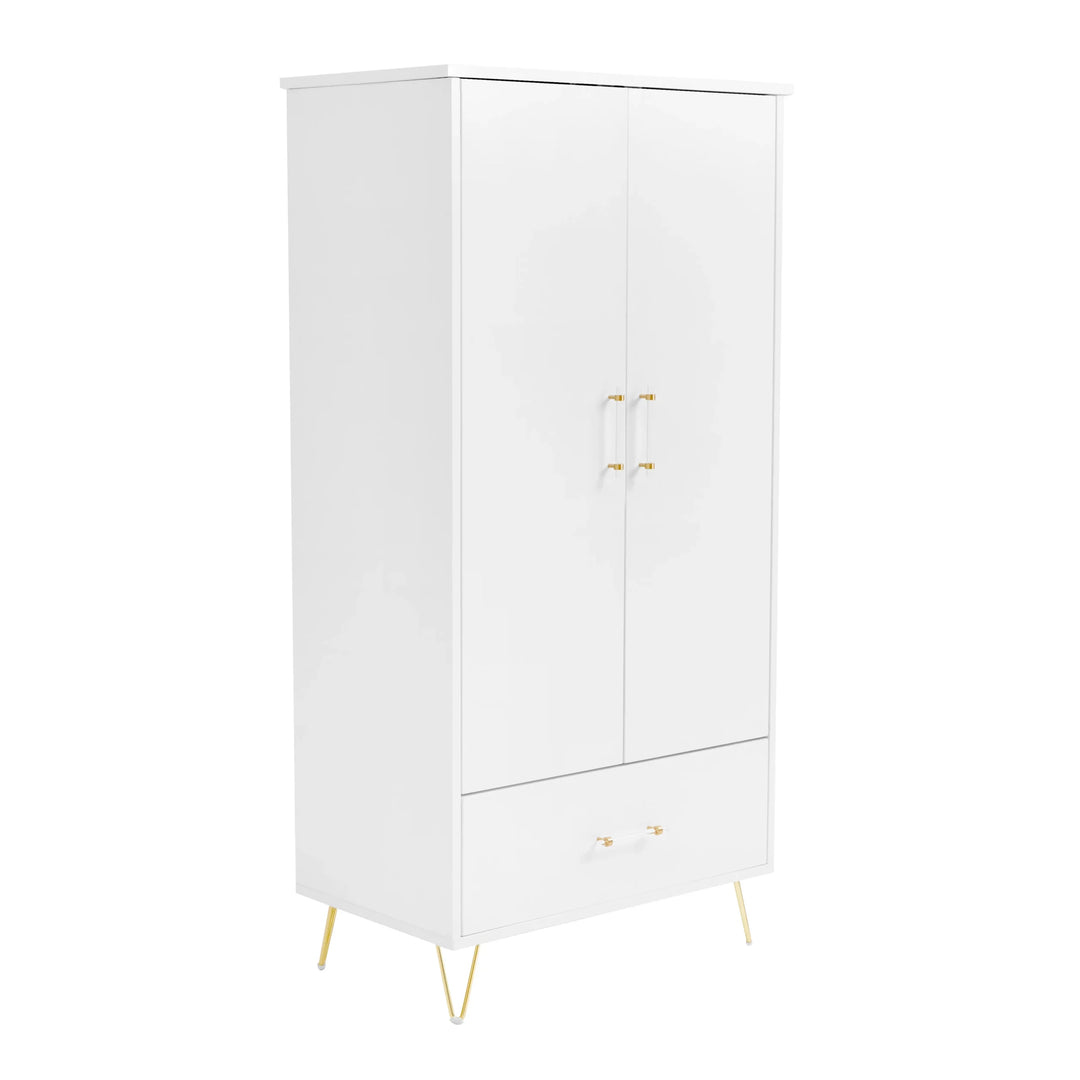 White cabinet with gold legs and handles on a white background