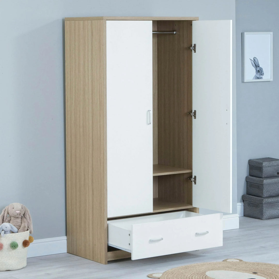 Babymore Luno Veni Wardrobe in white oak with door and drwer open