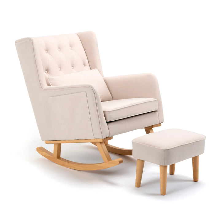 Beige rocking chair with ottoman on a white background