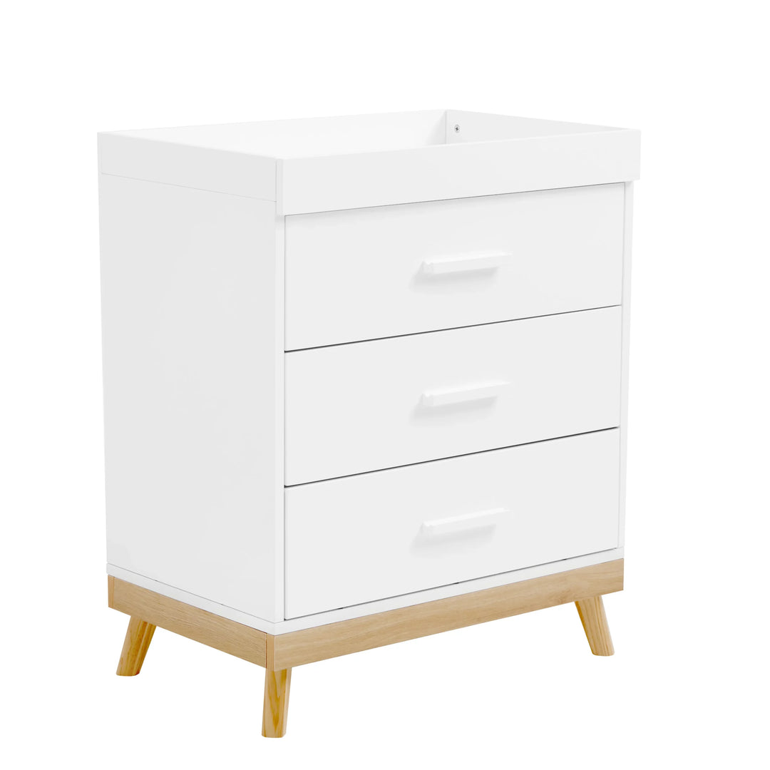 White dresser with wooden legs on a white background